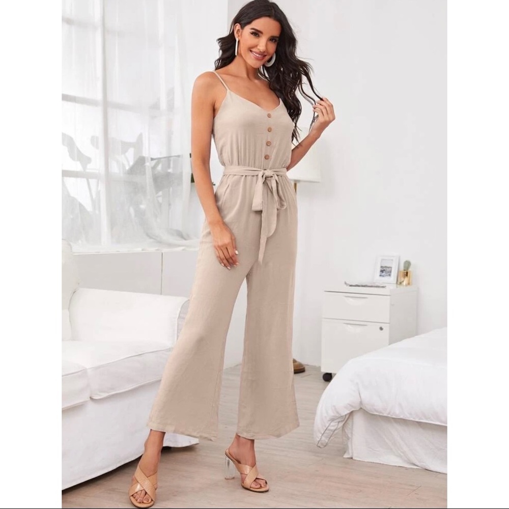 Button Front Belted Wide Leg Jumpsuit